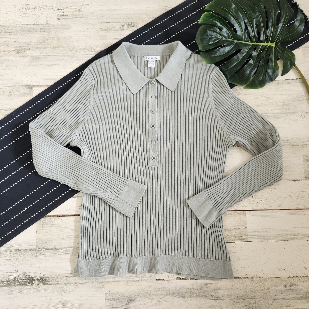 Athleta Sweet Bay Henley Sweater Ribbed Light Green 2X